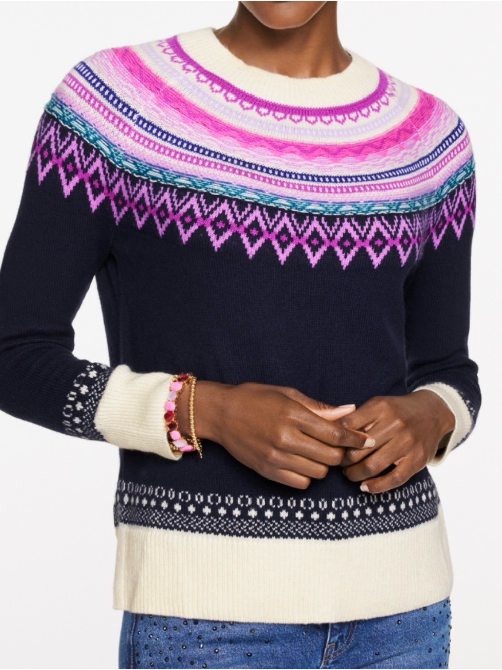 NWT Talbots Navy & Cream Sweater Pink Yoke Cotton Wool Nordic Style Size S
